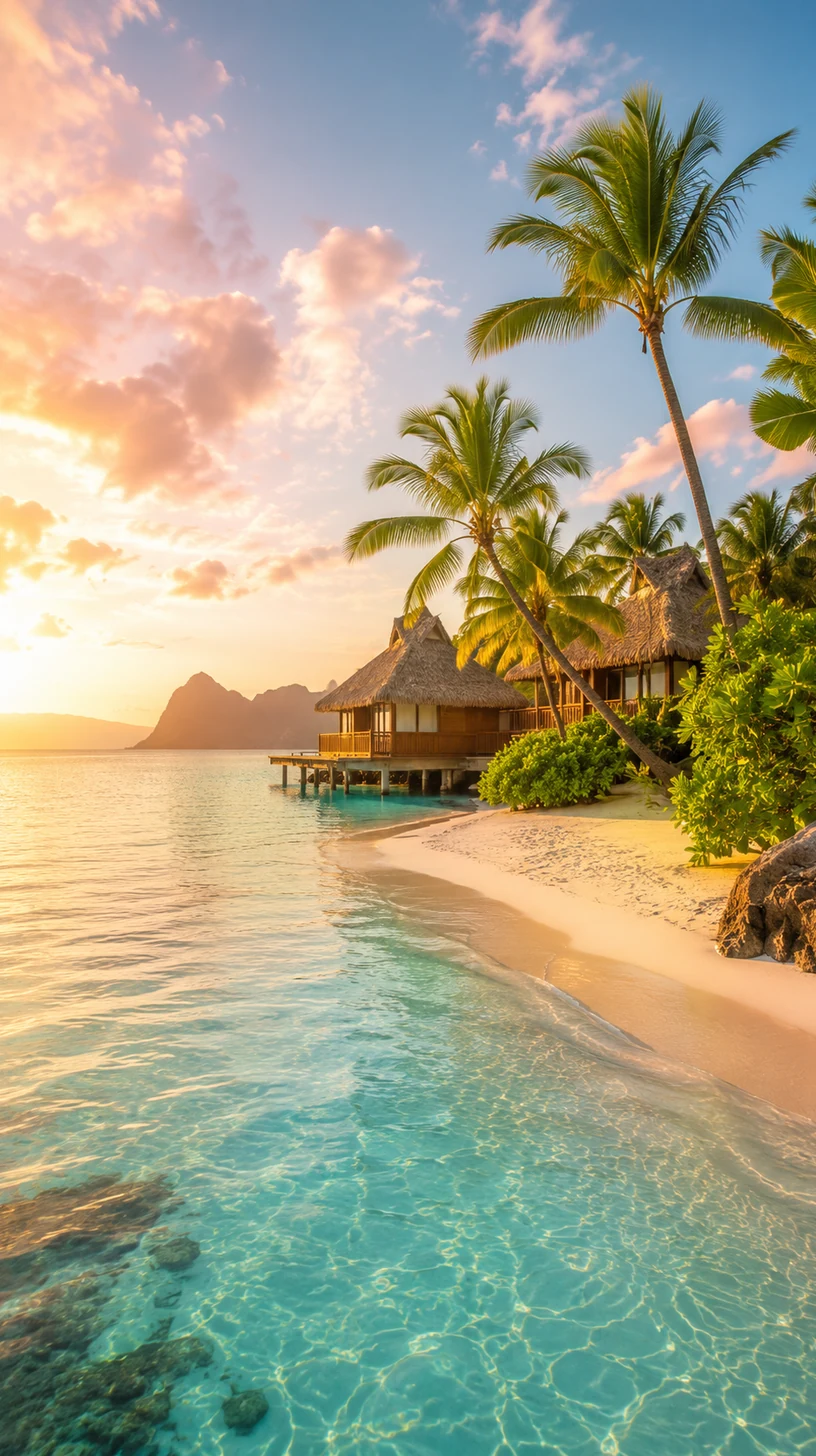 Praia tropical com água turquesa, areia clara e palmeiras ao pôr do sol