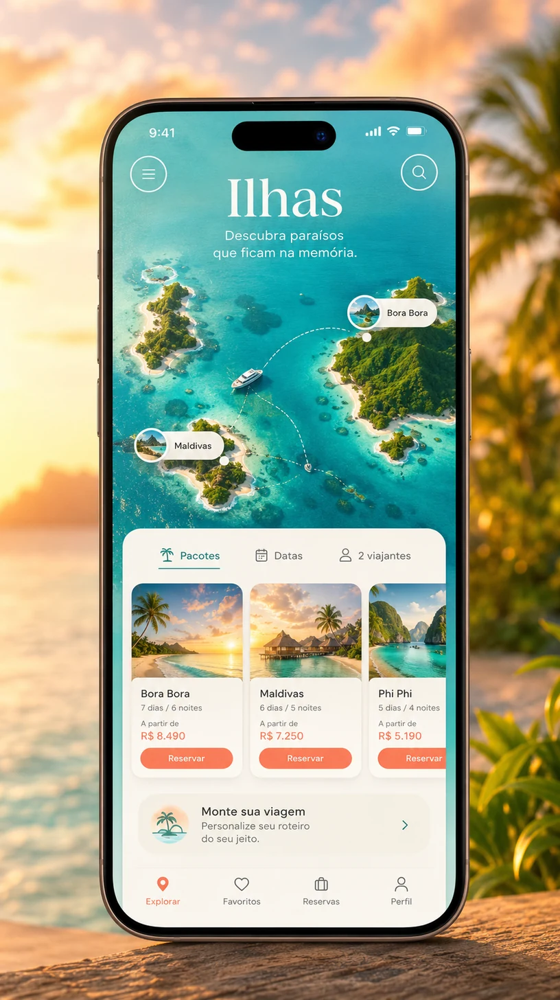 Aplicação de viagem com mapa de ilhas tropicais e reserva